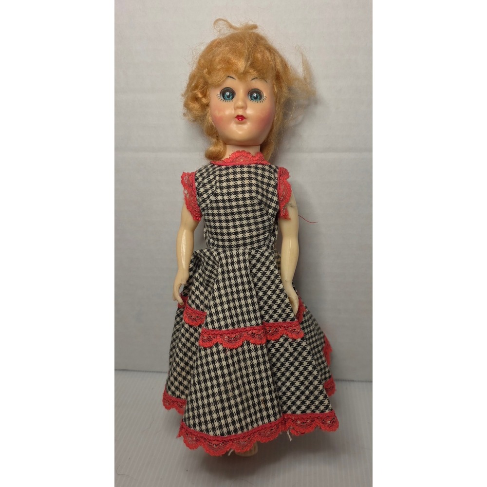 Vintage Sleepy Eye Doll STC Logo Back Hard Plastic 11in Houndstooth Dress